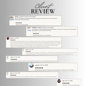 Puede incluir: Un gr&aacute;fico digital titulado Client Review que muestra m&uacute;ltiples rese&ntilde;as de clientes de cinco estrellas para plantillas de paneles de Excel y rastreadores de deducciones fiscales, incluyendo nombres, fechas y testimonios.
