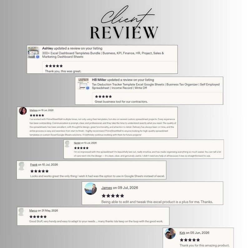 Puede incluir: Un gr&aacute;fico digital titulado Client Review que muestra m&uacute;ltiples rese&ntilde;as de clientes de cinco estrellas para plantillas de paneles de Excel y rastreadores de deducciones fiscales, incluyendo nombres, fechas y testimonios.