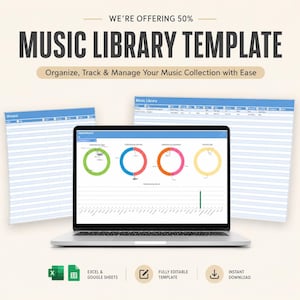 May include: A digital music library template displayed on a laptop screen with two additional spreadsheet views in the background. The interface features a dashboard with colorful donut charts and a bar graph, plus columns for tracking music collections.