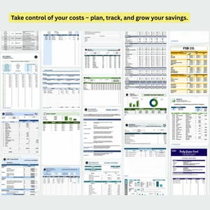 Puede incluir: Una colecci&oacute;n de plantillas de hojas de c&aacute;lculo financieras digitales con varios dise&ntilde;os para seguimiento de gastos, estados de flujo de efectivo, estados de resultados y hojas de t&eacute;rminos. El texto en la parte superior dice: Take control of your costs &ndash; plan, track, and grow your savings.