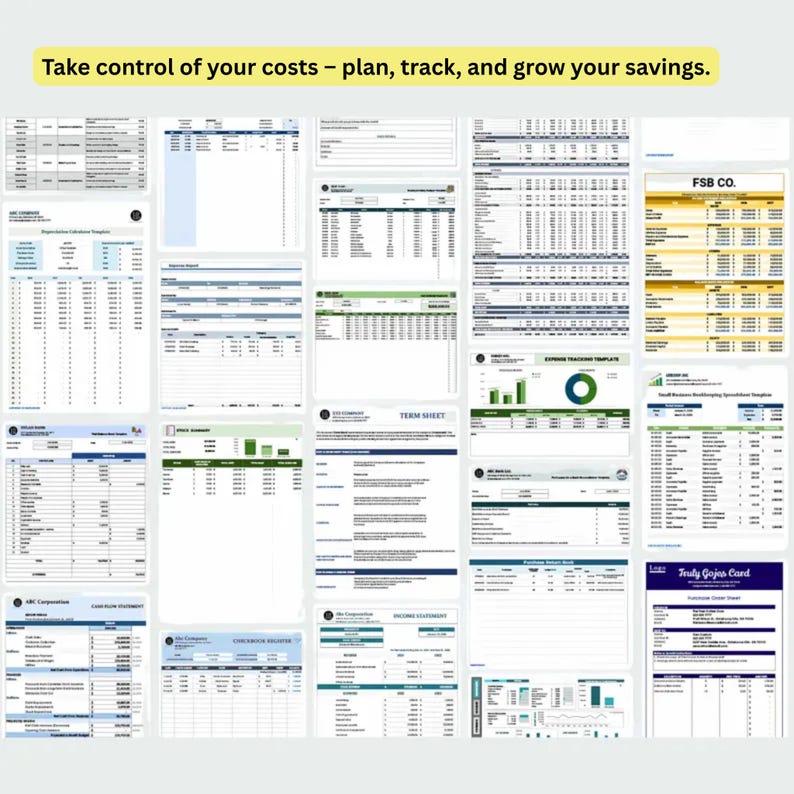 Puede incluir: Una colecci&oacute;n de plantillas de hojas de c&aacute;lculo financieras digitales con varios dise&ntilde;os para seguimiento de gastos, estados de flujo de efectivo, estados de resultados y hojas de t&eacute;rminos. El texto en la parte superior dice: Take control of your costs &ndash; plan, track, and grow your savings.