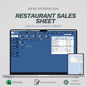 May include: A laptop and tablet display a restaurant sales sheet. The screen shows a blue interface with a table of food orders. Text on the screen includes "Restaurant Sales Sheet" and "Excel & Google Sheet." Icons indicate the sheet is editable, customizable, and available for instant download.
