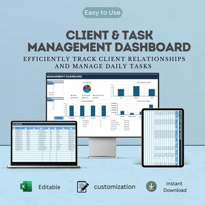 Peut inclure: Un tableau de bord numérique de gestion des clients et des tâches affiché sur un écran d'ordinateur, un ordinateur portable et une tablette. Les écrans présentent des tableaux de données, des graphiques circulaires et des barres de suivi.