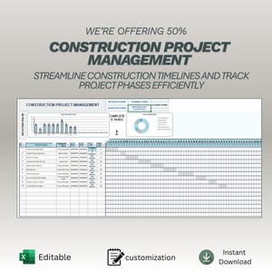 May include: A construction project management template with a light gray background. The text reads "We're offering 50% Construction Project Management." The template includes charts, graphs, and a task list. Icons indicate editability, customization, and instant download.