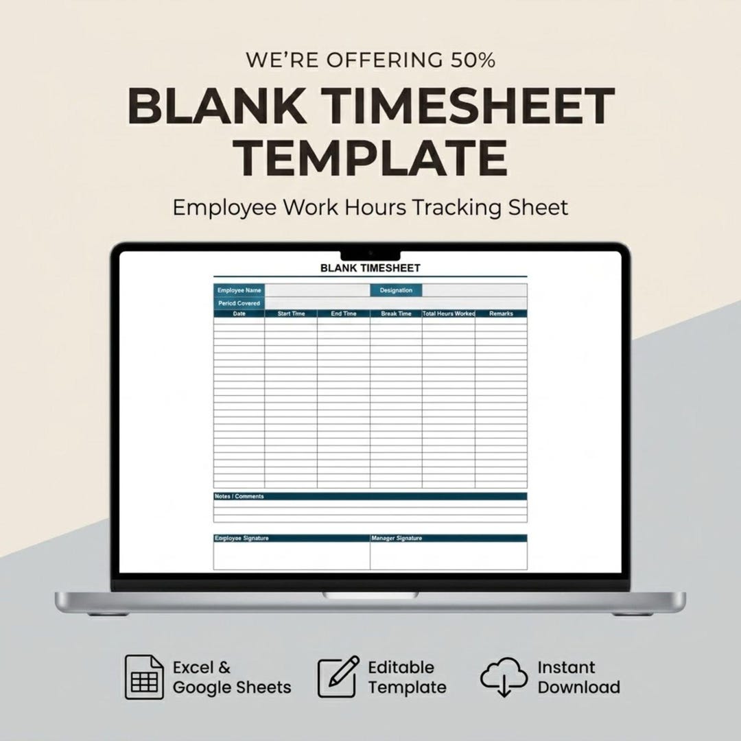 Blank Timesheet Template | Employee Work Hours Tracker | Daily Weekly ...