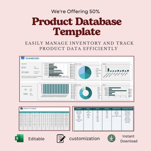 Op de afbeelding: Een digitale productdatabase-sjabloon met een dashboard met diverse grafieken en gegevenstabellen. De lay-out bevat de tekst We're Offering 50% Product Database Template, EASILY MANAGE INVENTORY AND TRACK PRODUCT DATA EFFICIENTLY, Editable, customization en Instant Download.