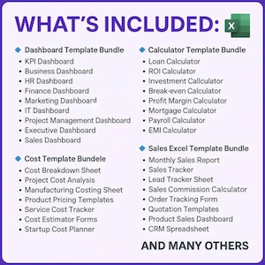 Puede incluir: Una lista digital titulada WHAT'S INCLUDED con un icono de Excel, que detalla cuatro paquetes de plantillas: Dashboard, Calculator, Cost y Sales. Enumera herramientas espec&iacute;ficas como paneles de KPI, Business, HR, Finance, Marketing, IT, Project, Executive y Sales.