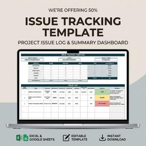 Plantilla de seguimiento de incidencias / Panel de registro de proyectos / Hoja de cálculo de seguimiento de errores / Registro de resolución de estado / Hojas de cálculo de Excel y Google