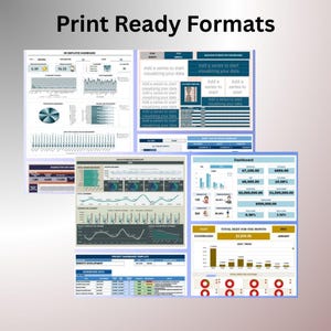 Puede incluir: Una colecci&oacute;n de plantillas de paneles de control empresariales titulada Print Ready Formats. Los dise&ntilde;os incluyen varios gr&aacute;ficos, tablas y elementos de visualizaci&oacute;n de datos en tonos azules, blancos y dorados, mostrando m&eacute;tricas como tendencias de deuda, estado de proyectos y res&uacute;menes financieros.