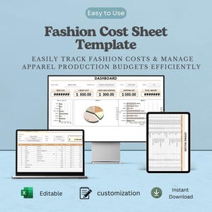 May include: A digital fashion cost sheet template displayed on a computer monitor, a laptop, and a tablet. The screens show a dashboard with charts, expense trackers, and financial data. Text includes Easy to Use, Fashion Cost Sheet Template.