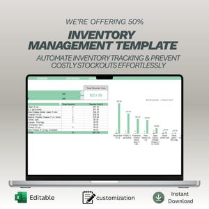 May include: A laptop screen shows an inventory management template with the text "WE'RE OFFERING 50% INVENTORY MANAGEMENT TEMPLATE". The screen displays a spreadsheet with data and charts. Icons at the bottom indicate editability, customization, and instant download.