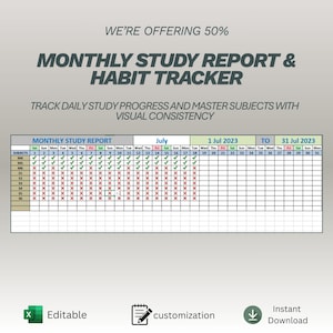 May include: A digital monthly study report and habit tracker template. The template includes a calendar for July 2023, with check boxes and spaces to track daily progress. The text reads "Monthly Study Report & Habit Tracker".