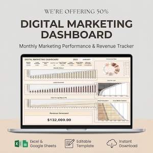 Könnte beinhalten: Ein Laptop zeigt ein digitales Marketing-Dashboard mit Diagrammen und Grafiken. Der Bildschirm zeigt Daten zu Website-Besuchern, generierten Leads und Umsatz. Der Text "WE'RE OFFERING 50% DIGITAL MARKETING DASHBOARD" ist oben zu sehen. Icons für Excel, Google Sheets und Sofort-Download.