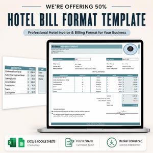 May include: A digital hotel bill format template displayed on a laptop screen, featuring a professional invoice layout with columns for description, quantity, unit, price, and amount, including a section for terms and conditions and a signature line.
