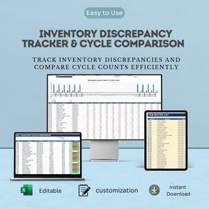 May include: An inventory discrepancy tracker and cycle comparison digital spreadsheet displayed on a computer monitor, a laptop, and a tablet. The screens show data tables, item master lists, and bar charts for tracking inventory discrepancies.