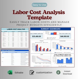 May include: A digital Labor Cost Analysis Template featuring a summary dashboard with bar and line charts, a labor cost management table, and a detailed labor cost analysis spreadsheet. The document includes text labels for tracking project budgets.