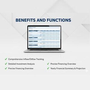 May include: A laptop displaying a financial document with a spreadsheet. The screen shows data tables and charts. The text "BENEFITS AND FUNCTIONS" is at the top. Below are bullet points: Comprehensive Inflow/Outflow Tracking, Detailed Investment Analysis, Precise Financing Overview, and Yearly Financial Summary & Projection.