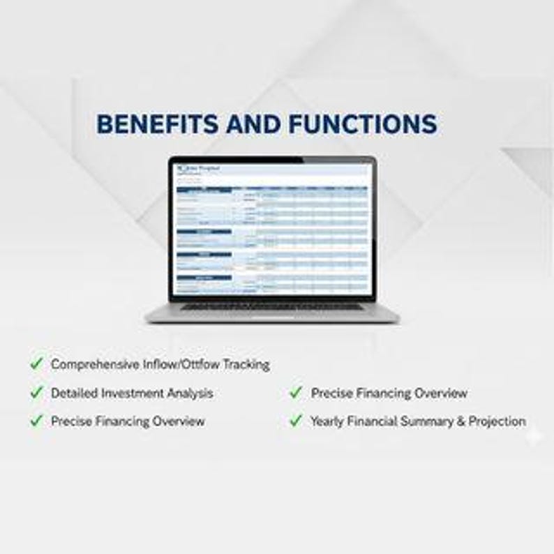 May include: A laptop displaying a financial document with a spreadsheet. The screen shows data tables and charts. The text "BENEFITS AND FUNCTIONS" is at the top. Below are bullet points: Comprehensive Inflow/Outflow Tracking, Detailed Investment Analysis, Precise Financing Overview, and Yearly Financial Summary & Projection.