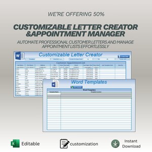 Può includere: Annuncio digitale per un creatore di lettere e un gestore di appuntamenti personalizzabili. L'immagine presenta un elenco di appuntamenti dei clienti e modelli di parole. Il testo include "WE'RE OFFERING 50%", "CUSTOMIZABLE LETTER CREATOR & APPOINTMENT MANAGER" e "Editable".