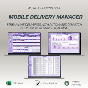 Puede incluir: Un anuncio de software de gestión de entregas móviles. La imagen muestra tres portátiles que muestran la interfaz del software. El texto de la imagen dice "WE'RE OFFERING 50%" y "MOBILE DELIVERY MANAGER". También hay iconos de "Editable", "Personalización" y "Descarga instantánea".