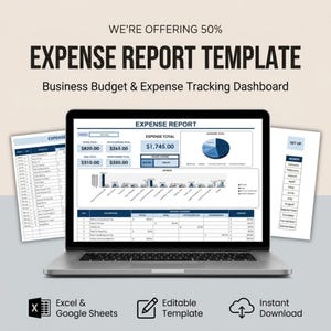 Può includere: Uno schermo di computer portatile che mostra un modello di rapporto spese con un dashboard per il monitoraggio del budget, inclusi grafici e tabelle. Il testo recita WE'RE OFFERING 50% EXPENSE REPORT TEMPLATE Business Budget & Expense Tracking Dashboard.
