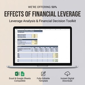May include: A laptop screen displaying a spreadsheet titled Effects of Financial Leverage, Leverage Analysis & Financial Decision Toolkit. The spreadsheet includes data tables for debt percentages, earnings, net income, ROE, ROA, WACC, and VF values.