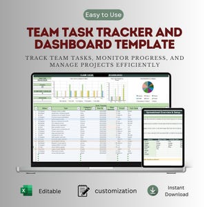 Puede incluir: Una plantilla digital de seguimiento de tareas de equipo y panel de control mostrada en una pantalla de portátil y tableta. La interfaz incluye gráficos de barras, un gráfico circular y una lista detallada de tareas con varias columnas.