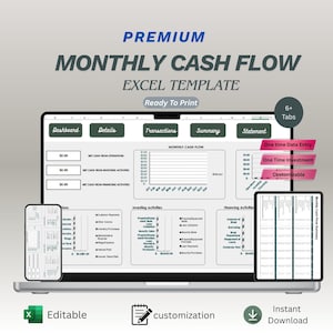 May include: A laptop displaying a "Premium Monthly Cash Flow Excel Template" with a spreadsheet interface. The screen shows a dashboard, details, transactions, summary, and statement tabs. Additional devices show the template on a phone and tablet. The image includes the words "Editable", "customization", and "Instant Download".