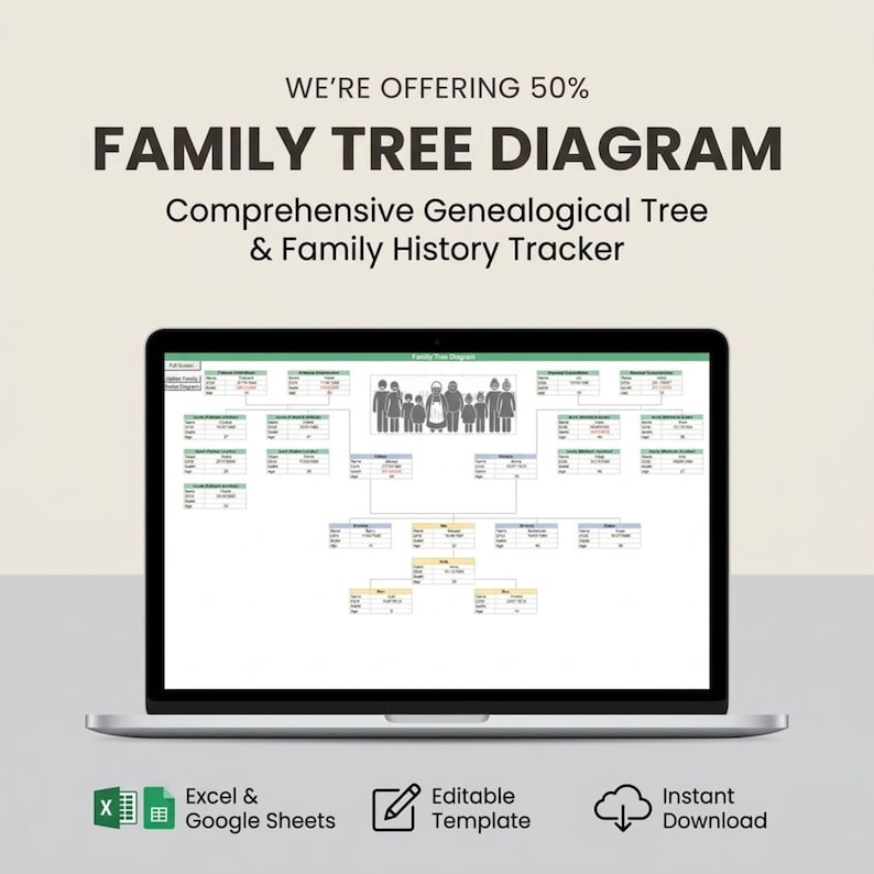 Family Tree Diagram Template | Genealogy Chart Spreadsheet | Family ...