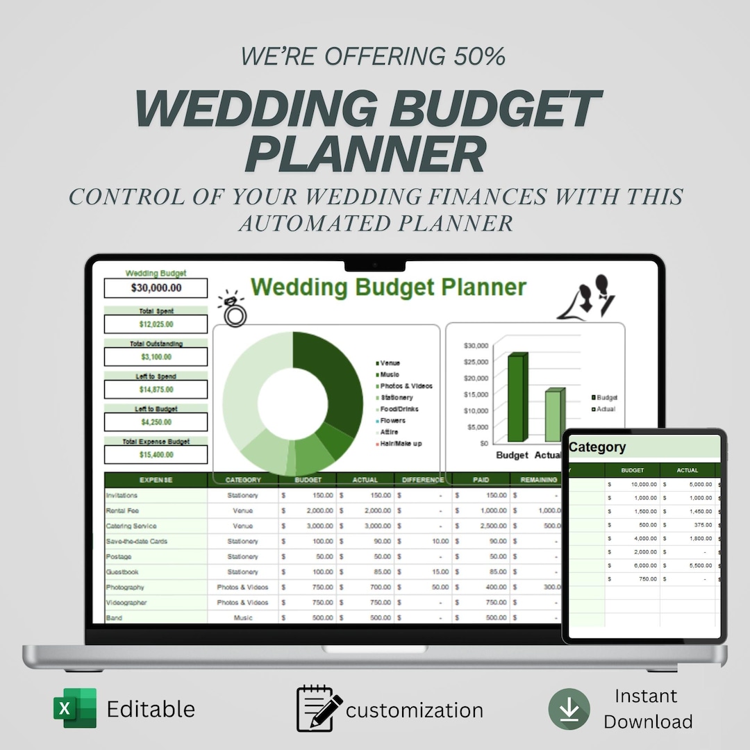 Wedding Budget Planner Excel Template | Automated Expense Tracker ...