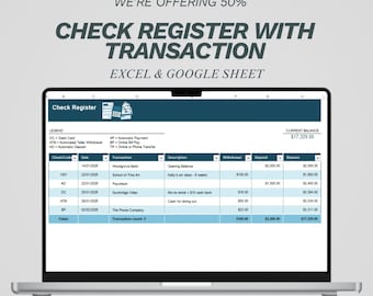 Checkregister Excel-mall | Transaktionslogg och personlig ekonomiuppföljning | Excel Google Sheets Bankreskontra
