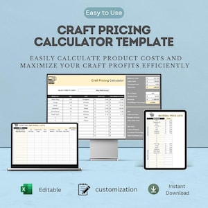 May include: A digital craft pricing calculator template displayed on a computer monitor, a laptop, and a tablet. The screens show spreadsheets with columns for materials, quantities, units, and costs, with text headers including Craft Pricing Calculator.