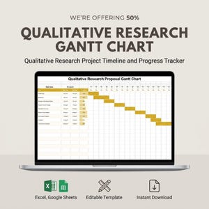 May include: A laptop displays a "Qualitative Research Gantt Chart" template. The chart is a project timeline with a gold and white color scheme. The text "WE'RE OFFERING 50%" is at the top. Icons for Excel, Google Sheets, and instant download are at the bottom.