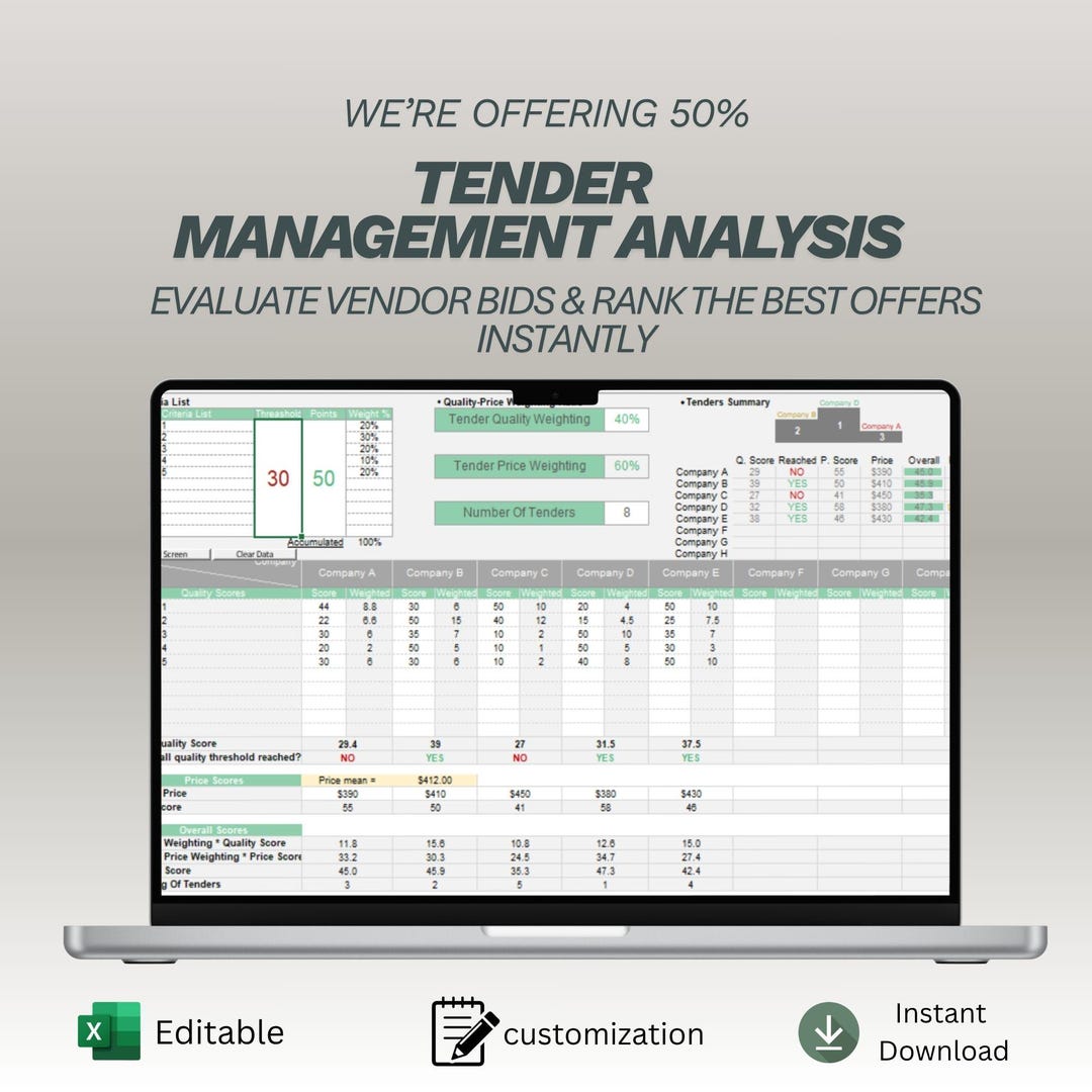Tender Management Spreadsheet | Vendor Bid Comparison | Quality Price ...