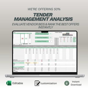 May include: A laptop screen shows a tender management analysis spreadsheet. The display features data, charts, and the text "Tender Management Analysis." Icons for "Editable," "Customisation," and "Instant Download" are also present.