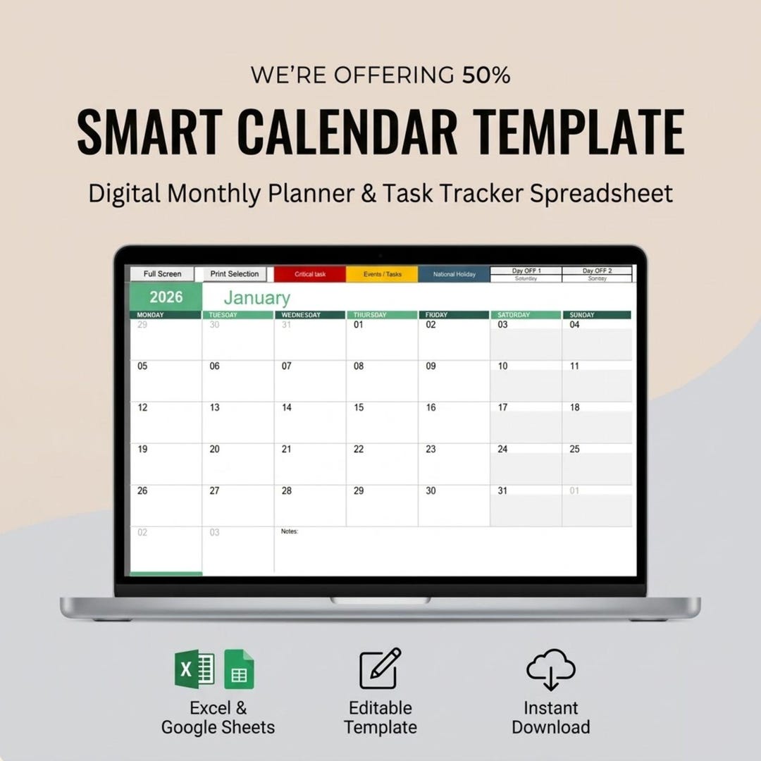 Smart Calendar Template | Digital Monthly Planner | Task Tracker ...