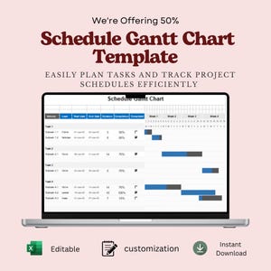 May include: A digital Schedule Gantt Chart template displayed on a laptop screen, featuring columns for activity, lead, dates, duration, and completion. The text reads We're Offering 50% Schedule Gantt Chart Template, Easily Plan Tasks And Track Project Schedules Efficiently.