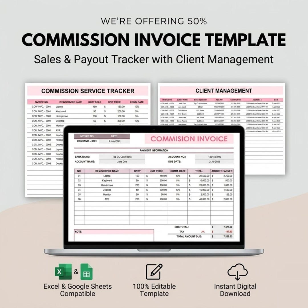Commission Invoice Template Excel Google Sheets | Sales Commission ...