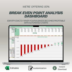 May include: A laptop displaying a break-even point analysis dashboard with automated charts. The screen shows a spreadsheet and a bar graph. Text on the screen reads "Break Even Point Analysis Dashboard". The image also includes the text "Editable", "Customization", and "Instant Download".