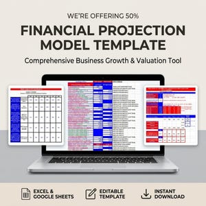 May include: A laptop displaying a financial projection model template. The screen shows spreadsheets with data tables, charts, and graphs. Text on the screen includes "Financial Projection Model Template" and "Comprehensive Business Growth & Valuation Tool."