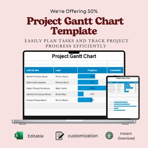 May include: A digital Project Gantt Chart template displayed on a laptop and tablet screen. The chart features columns for Activity Item, Lead, Progress, and Completed, with blue progress bars. Text includes We're Offering 50% Project Gantt Chart Template.