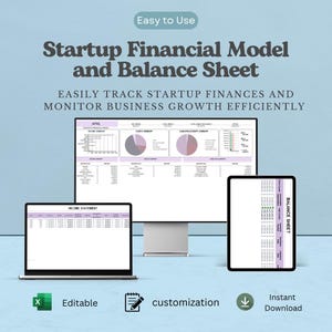 May include: A digital startup financial model and balance sheet template displayed on a computer monitor, a laptop, and a tablet. The screens show spreadsheets with income statements, asset summaries, and liability data in purple and white.