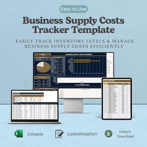 May include: A digital Business Supply Costs Tracker Template displayed on a computer monitor, a laptop, and a tablet. The interface features dark blue and brown colour schemes with charts, tables, and text including Easy to Use, Editable, and Instant Download.