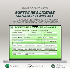 Software License Manager Template | Digital Asset Tracker | Subscription Expiry Log | Application Key Database | Excel Spreadsheet