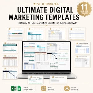 Digital Marketing Template Bundle Excel Google Sheets | Social Media Report | Campaign Tracker | Marketing Calendar | Dashboard