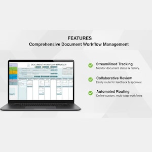 Puede incluir: Un port&aacute;til que muestra una interfaz de gesti&oacute;n del flujo de trabajo de documentos. La pantalla muestra un dise&ntilde;o detallado con varios campos de datos. El texto en la pantalla dice "Document Workflow Manager". El texto adicional destaca funciones como el seguimiento optimizado, la revisi&oacute;n colaborativa y el enrutamiento automatizado.
