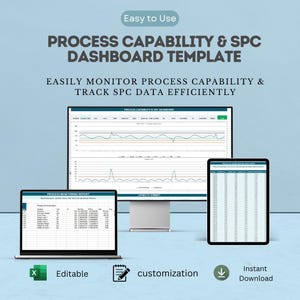 May include: A digital process capability and SPC dashboard template displayed on a computer monitor, a laptop, and a tablet. The screens show data tables, line charts, and statistical process control metrics with the text Process Capability & SPC Dashboard Template.