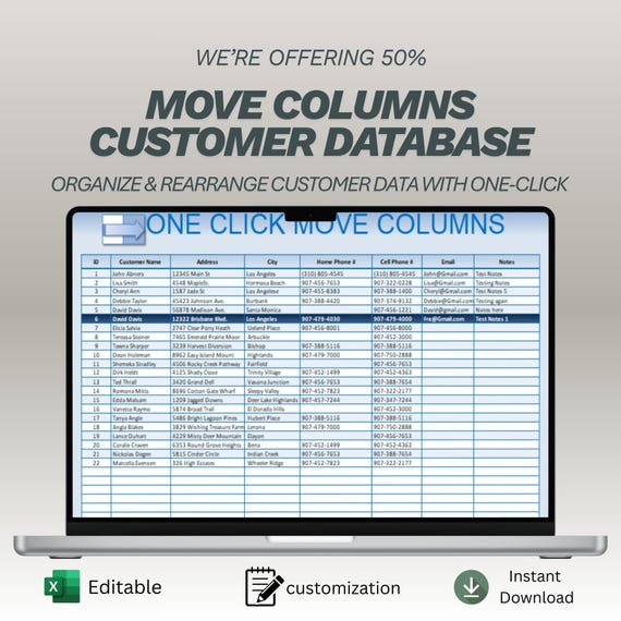 One Click Move Columns Customer Database Manager | Information Organizer Excel | Client Data CRM Template | Google Sheets Compatible
