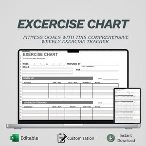 May include: A laptop and tablet display an exercise chart template. The chart includes sections for weekly goals, warm-up, strength training, and exercises. The image also shows icons for editability, customization, and instant download.