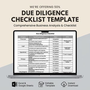 May include: A laptop screen displaying a Due Diligence Checklist template with columns for category, items, status, and notes. The text reads WE'RE OFFERING 50% DUE DILIGENCE CHECKLIST TEMPLATE Comprehensive Business Analysis & Checklist, Excel & Google Sheets, Editable Template, Instant Download.